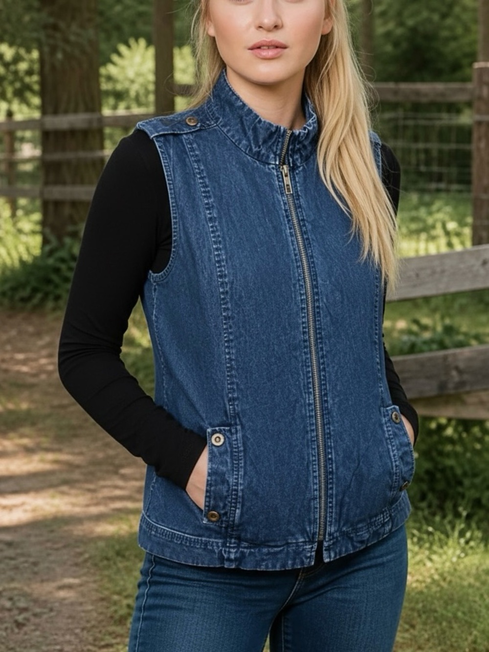 ORVIS - Denim Blue Jean Zip Front Pockets Casual High Neck Vest - XL 18/20